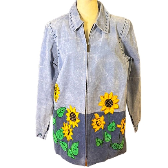 Quacker Factory Blue Suede/Leather Sunflower Patchwork Zip-Up Jacket - Picture 1 of 11